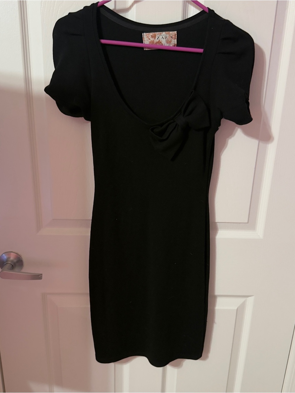 Zara Black Scoop-Neck Mini Dress with Puff Sleeves and Side Bow